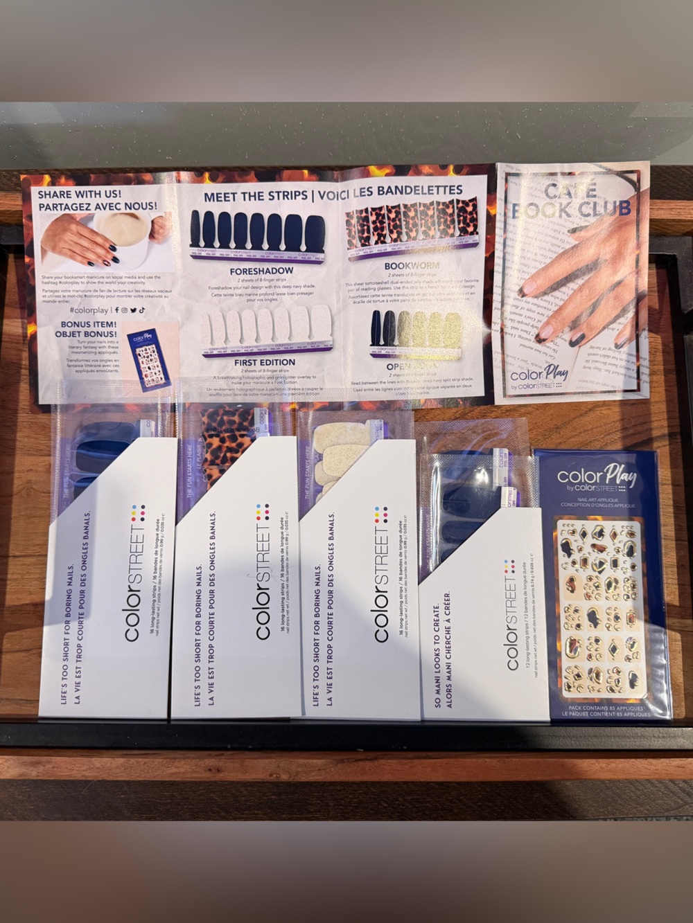 Color Street Nail Strips Cafe Book Club — Blue, Leopard & Cream Accents